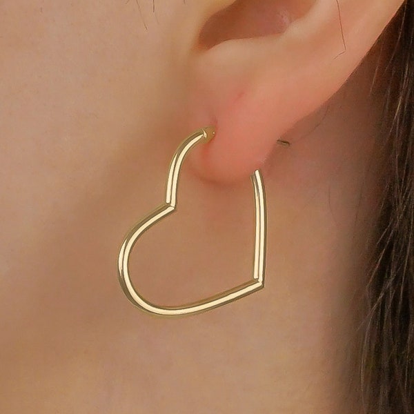 Gold Tube Heart Shaped Earrings - 9ct Gold Heart Hoop - Love Heart Creole Hoop Earrings - Gold Creole Hoop - Gold Heart Earring, Dainty Hoop