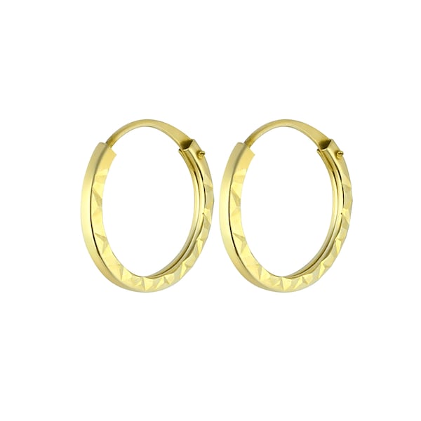 Small Gold Sleeper Hoop Earrings | Real 9carat Gold 8mm Diamond Cut Hinged Sleeper Hoop Girls Womens Earrings, Gift for Her, Girls Gift