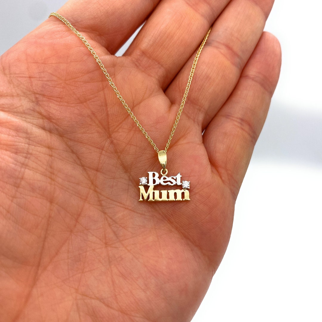Solid Yellow Gold Heart Outline Rhodium Heart Diamond Mum Pendant Necklace