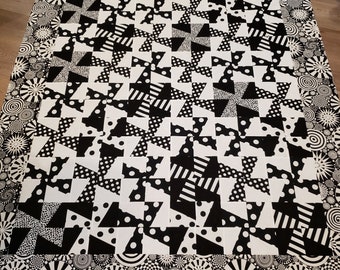 Unfinished Quilt, Quilt Top, Pinwheel, Black & White, Traditional, Modern, Quilt Top, Larger than Lap Size, Made in Canada, Ready to Ship