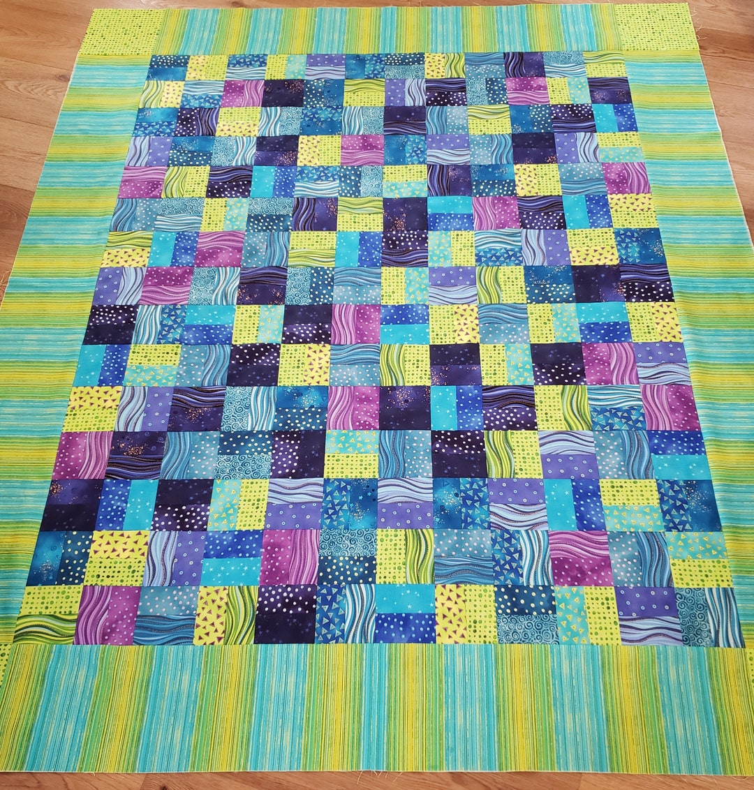 Unfinished Quilt Top, Quilt Top, Modern Quilt, Lime Green, Turquoise, Navy, Quilt, Laurel Burch