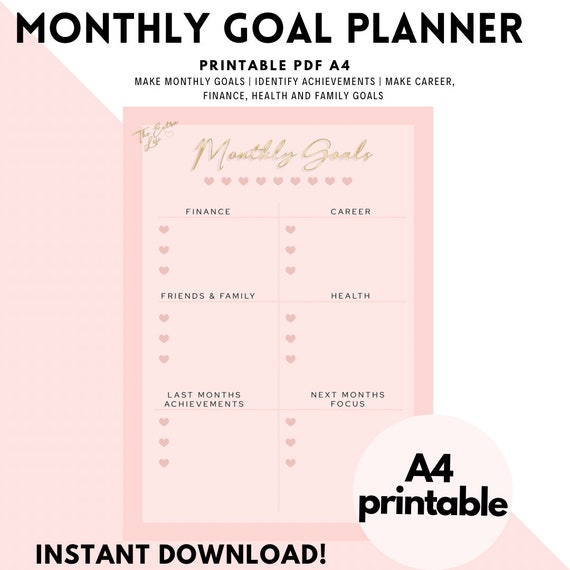 Monthly Goals Planner Goals Worksheet for Personal - Goal Progress Tracker, Goal Setting Worksheet, Printable Goal, Financial Goal Planning