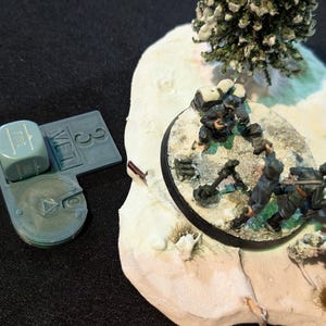 Puede incluir: Una escena de juego de guerra en miniatura con una base cubierta de nieve y un pequeño grupo de soldados con camuflaje de invierno. Los soldados están posicionados alrededor de una pequeña base negra con una ametralladora. La escena se desarrolla en un bosque nevado.