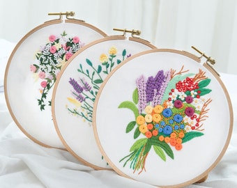 1 to 3 pack from 8 Bouquet Embroidery Kits - Flower Embroidery for beginners - Hand Embroidery Kit - Gift for her - Birthday Gift