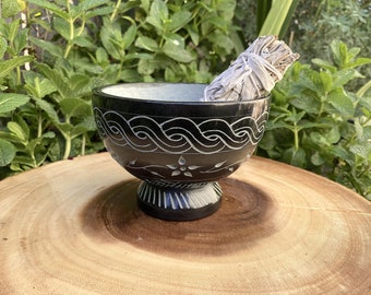Black Soap Stone Carved Bowl 3.75'' x 4'' x 4''H with Smudge Bundles, Witchcraft Tools Wiccan AltarTools Small Offering Bowl