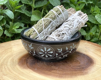 Black Soap Stone Carved Bowl 3.75'' x 4'' x 4''H with Smudge Bundles, Witchcraft Tools Wiccan AltarTools Small Offering Bowl