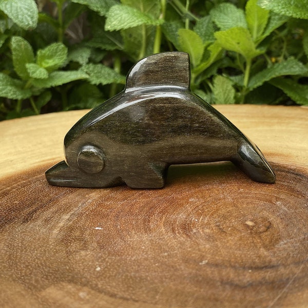 Mexikanische Silber Sheen Hand geschnitzte Obsidian Edelstein Delfin Kristall Totem Fetisch Figur Aktiv