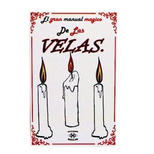 May include: A white rectangular card with the text "El gran manual magico De Las VELAS." Three white candles with yellow and red flames are illustrated. The card has a red border with decorative flourishes.