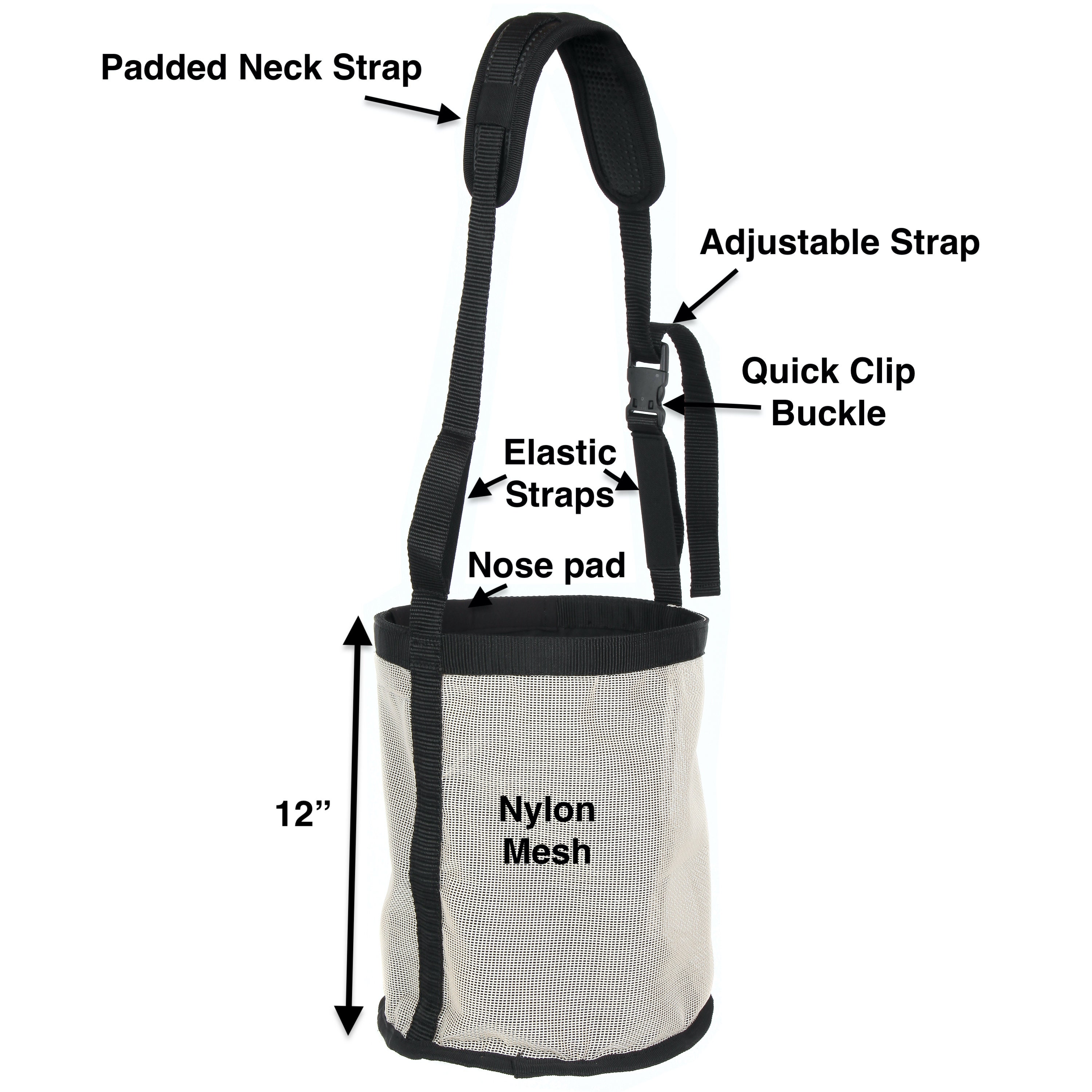 Heavy Duty Nylon Mesh Grain Feed Bag Comfort Neck Pad and Nose Pad- Large Majestic Ally Horse Feed Bag Adjustable Strap with Durable Snap and Elastic Straps 