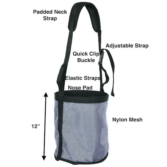 Heavy Duty Nylon Mesh Grain Feed Bag Adjustable Strap with Durable Snap and Elastic Straps Horse Feed Bag Comfort Neck Pad and Nose Pad Black 