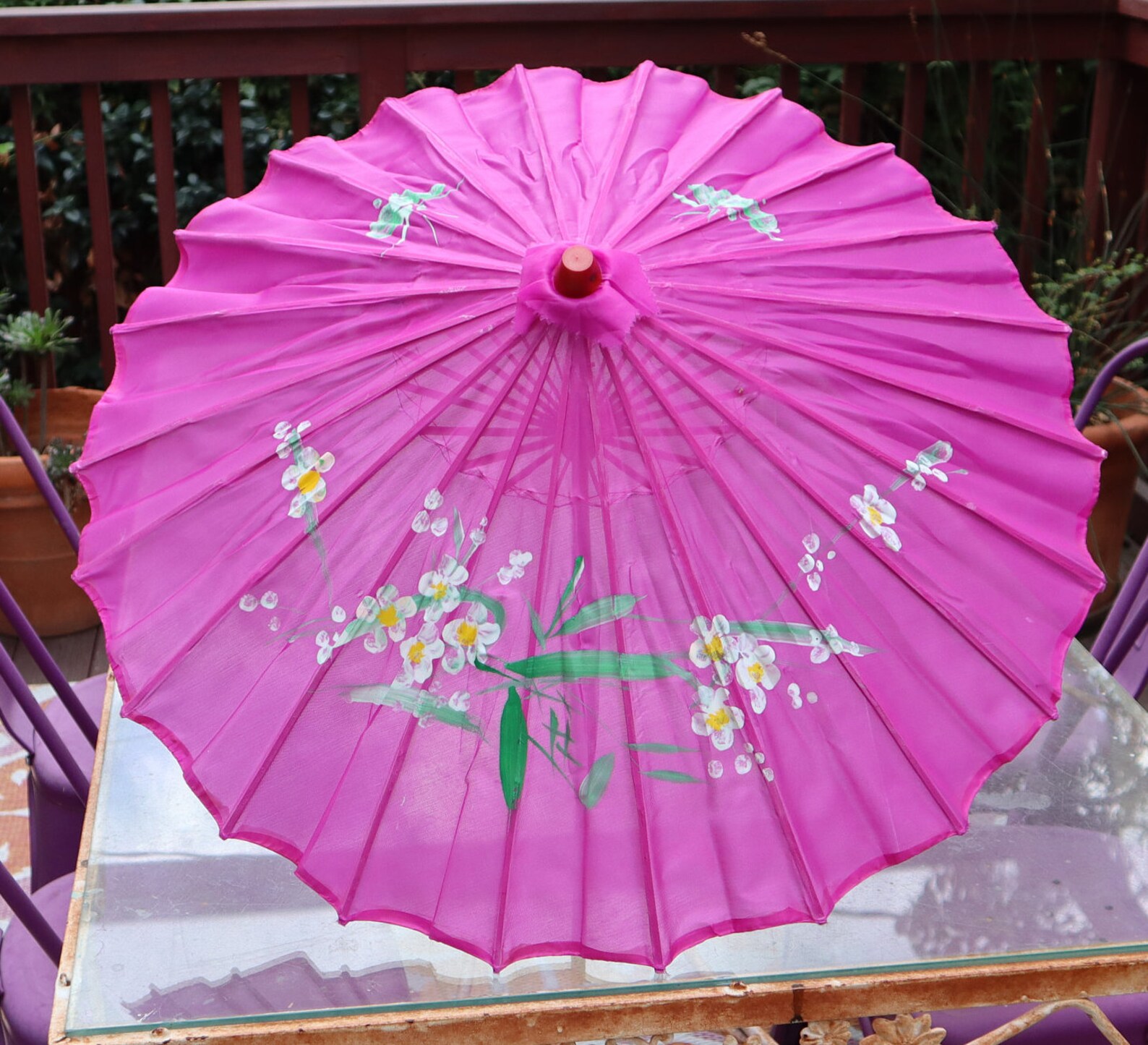Magenta Fabric Umbrella With Painted Flowers and Bamboo Handle Etsy
