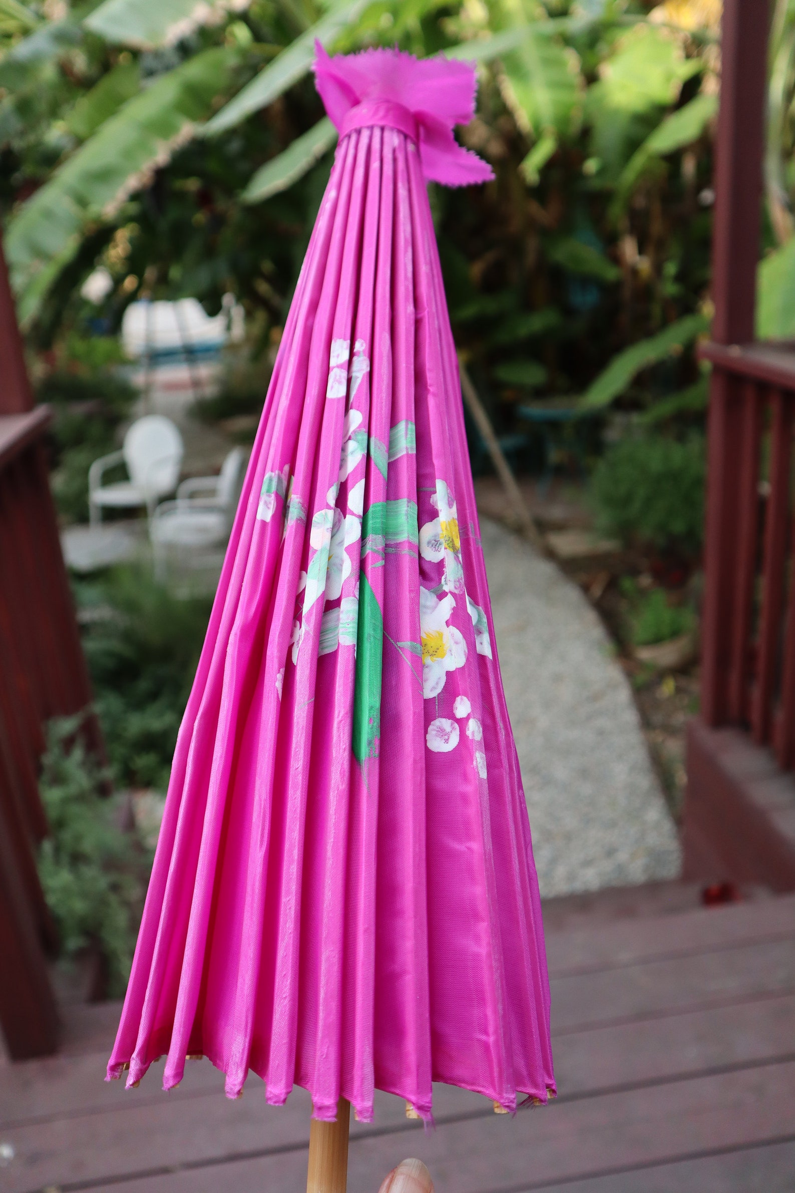 Magenta Fabric Umbrella With Painted Flowers and Bamboo Handle Etsy