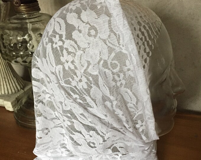 White Stretch Lace Cowl Christian Head Covering Etsy