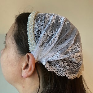 White no-tie headscarf with satin headband, Christian head covering, headband