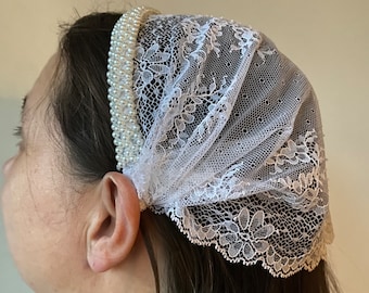 White no-tie headscarf with satin headband, Christian head covering, headband