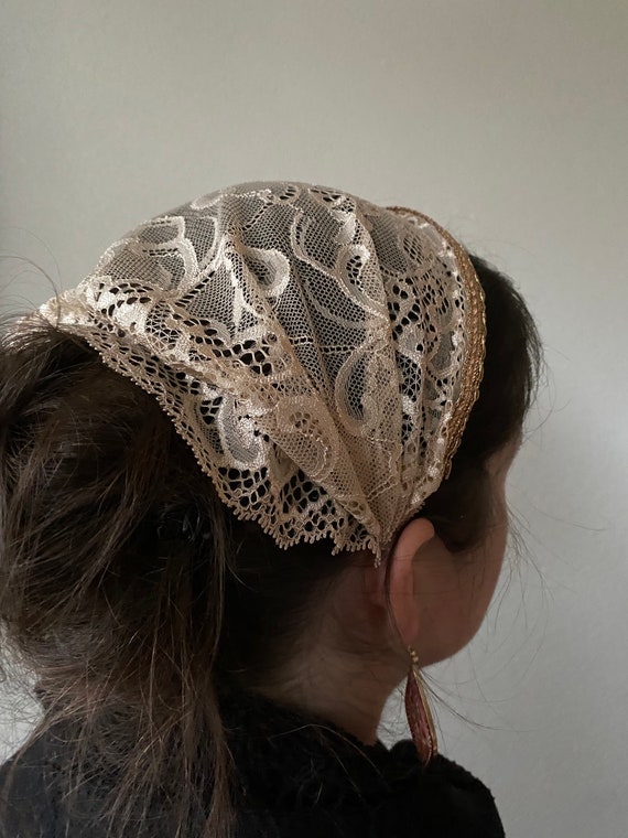 Beige No-tie Headscarf With Satin Headband, Christian  display picture 1