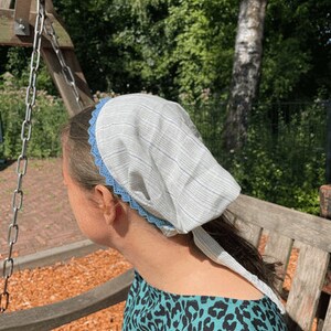 Creme met blauw gestreepte hoofddoek 10,24 inch, 26 cm, christelijke hoofdbedekking afbeelding 4