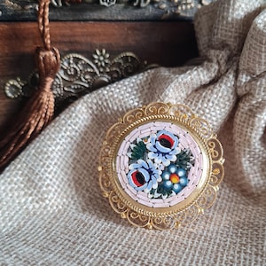 Beautiful Vintage Italian Micro Mosaic Brooch with Blue Flowers and Gold Tone Filigree / Floral Micro Mosaic Jewellery