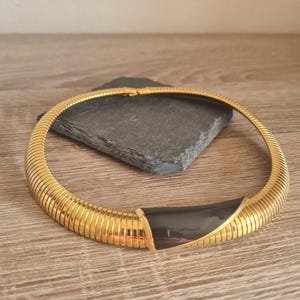 Vintage Monet Black Enamel and Gold Tone Metal Choker | 1990s Runway Couture Statement Necklace
