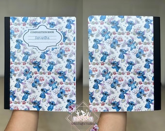 May include: A composition book featuring a repeating pattern of a blue cartoon character with large ears and a floral design on a white background. The cover includes the text "COMPOSITION BOOK" and the name "Samantha". The book has a black spine.