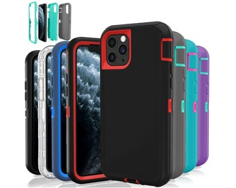 May include: Five different phone cases for an iPhone. The cases are all black with different colored accents. The cases are all made of a hard plastic material and have a raised lip around the screen to protect it from scratches.