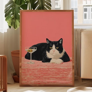 Moody smokingowy kot martini print, vintage różowy pasek śródziemnomorski koktajl ścienny, dziwaczny wystrój baru, wystrój domu w stylu nadmorskim