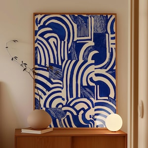 Abstract Blue Waves Japandi Print: Brushstroke Japanese Wall Art, Digital Download
