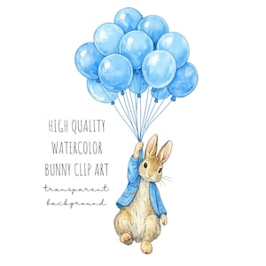 May include: Watercolor illustration of a bunny holding a bunch of light blue balloons. The bunny wears a blue jacket. Text on the left reads "HIGH QUALITY WATERCOLOR BUNNY CLIP ART transparent background."