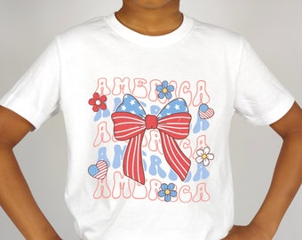 Kids Coquette 4th of July Shirt American Girl T Shirt Retro USA Shirt Patriotic Coquette Bow T-Shirt For Kids & Toddlers Kids Summer Shirt