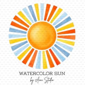 May include: Watercolor sun illustration with a bright orange center and colorful rays in shades of orange, yellow, and blue. The text "WATERCOLOR SUN" and "by Ami Studio" are below the sun design.
