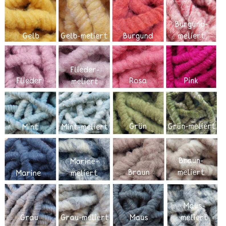 May include: A collection of 15 different colors of yarn, including yellow, pink, green, blue, brown, and gray. Each color is shown in both a solid and a variegated version. The yarn is arranged in a grid pattern.