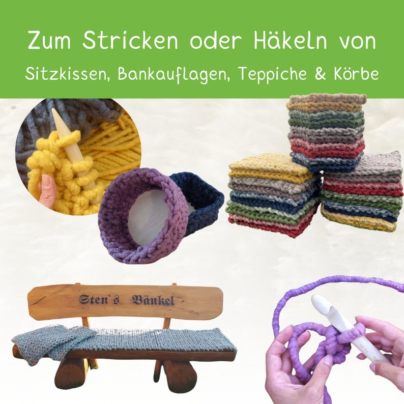 May include: A collection of colorful knitted items, including a basket, a bench cushion, and squares. The text "Zum Stricken oder H&auml;keln von Sitzkissen, Bankaf lagen, Teppiche & K&ouml;rbe" is visible in the image.