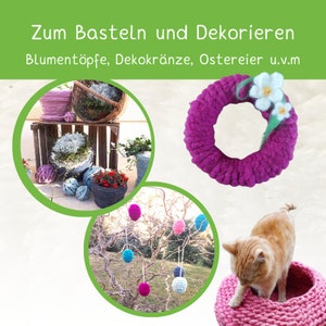 May include: A collection of pink yarn crafts, including a wreath, a cat bed, and several hanging ornaments. The text "Zum Basteln und Dekorieren" is at the top of the image, and the text "Blument&ouml;pfe, Dekokr&auml;nze, Ostereier u.v.m" is below it.