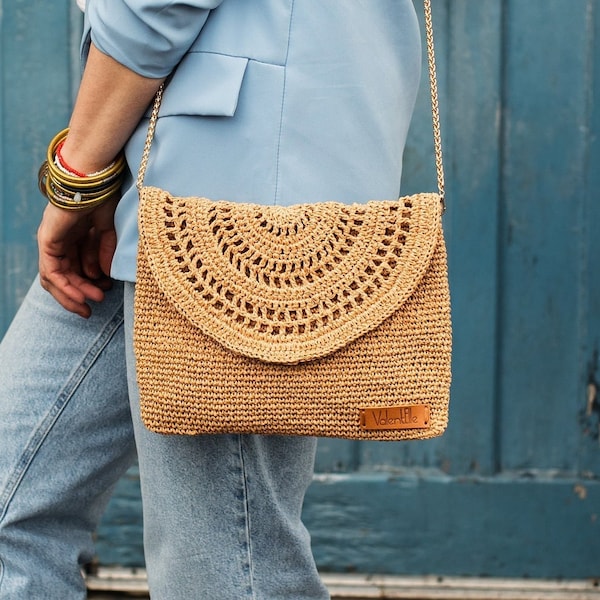 Straw summer bag, Raffia beach bag, Bohemian wedding clutch purse, Handmade gift for her