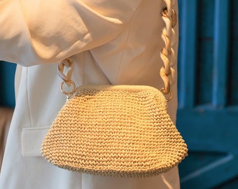 Pochette en paille, sac de plage en paille, sac pour boulettes de paille, pochette en raphia pour femme, sac de mariage d'été, cadeau fait main pour elle