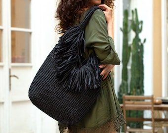 Sac de plage en paille, sac en raphia noir avec franges, sac fourre-tout de plage en paille, fourre-tout hobo en raphia au crochet, sac d'été naturel, cadeau fait main pour femme