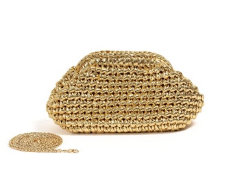 Metallic gouden clutch bag, gouden raffia knoedelzak, metallic gouden raffia buideltas, gouden avond clutch bag, chique cadeau voor vrouwen