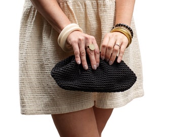 Metallic black clutch purse bag, Crochet wedding clutch bag, Party clutch purse, Black handbag, Handmade gift for her
