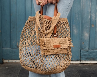 Straw beach bag, Raffia mesh beach bag, Set of straw tote bag and raffia clutch for women, Bohemian summer bag, Handmade gift