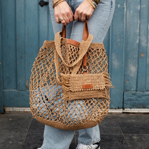Straw beach bag, Raffia mesh beach bag, Set of straw tote bag and raffia clutch for women, Bohemian summer bag, Handmade gift