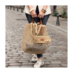 Raffia beach bag, Straw mesh tote bag, Set of straw tote bag raffia and clutch, Bohemian summer bag