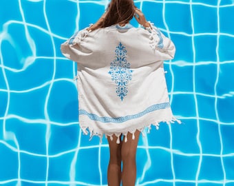 Vestaglia Kimono in Lino e Cotone, Copricostume Stampato a Mano