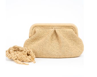 Handgjord Raffia Clutchväska, Sommarstrandväska, med Rem