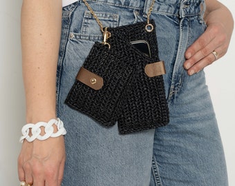 Straw mobile phone crossbody bag, Straw summer phone bag, Phone pouch with long strap, Handmade gift for her