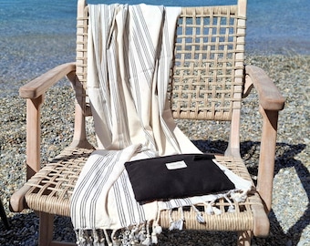 Hand-Loomed Turkish Cotton Beach Towel Set with Matching Canvas Clutch