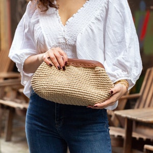 Large raffia clutch purse, Raffia and leather dumpling bag