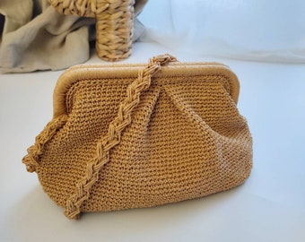 Crochet raffia crossbody bag, straw wedding party dumpling clutch, convertible purse.