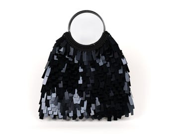 Sac de soirée à paillettes : sac à main fait main en fil noir avec poignée en métal