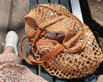 Straw beach bag, Straw mesh tote bag, Raffia mesh beach bag, Bohemian summer bag, Handmade gift for her