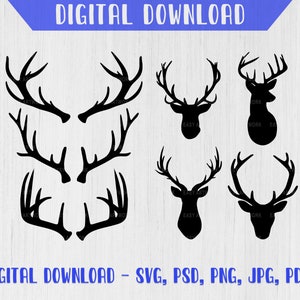 May include: A digital download of 7 black silhouette images of deer antlers. The antlers are in various shapes and sizes. The text "DIGITAL DOWNLOAD - SVG, PSD, PNG, JPG, PDF" is at the bottom of the image.